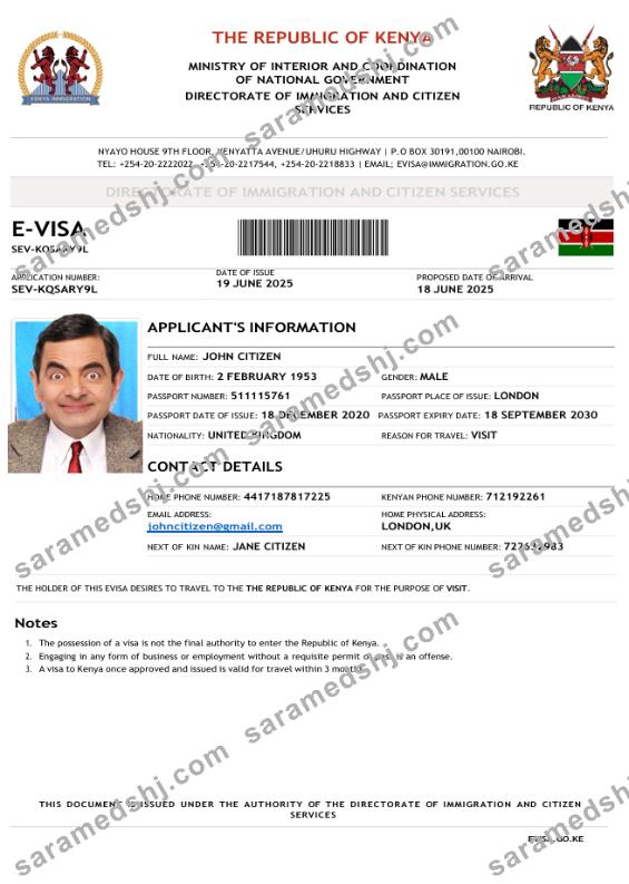 Kenya e-visa template in Word and PDF formats